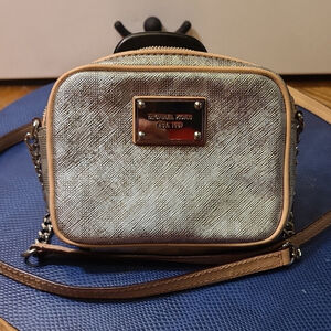 Michael Kors Silver and Tan Crossbody Bag (#1530). Will hold a cellphone.